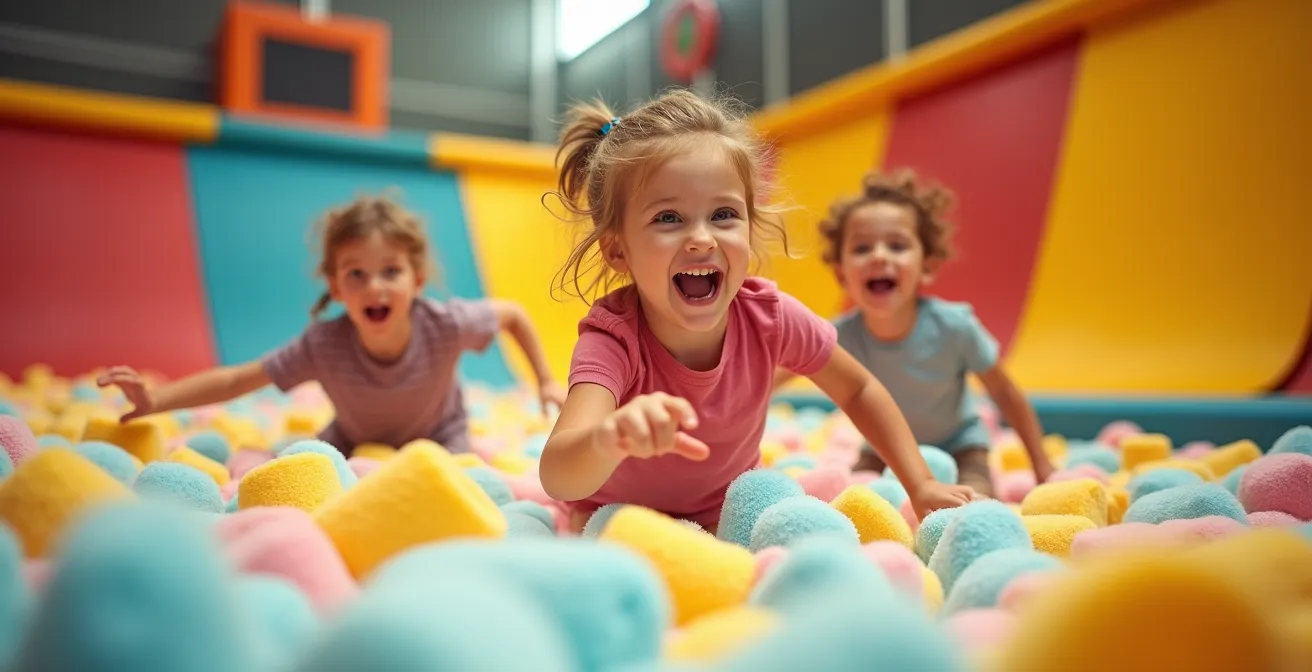 Enfants riant et sautant dans un bac à mousse coloré sous un éclairage chaud, capturant l'essence du plaisir collectif