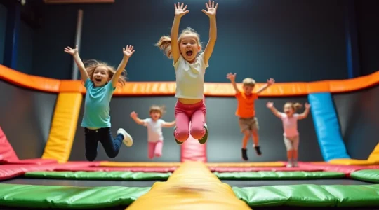 Un groupe d'enfants en train de sauter joyeusement sur des trampolines dans un parc couvert coloré et sécurisé