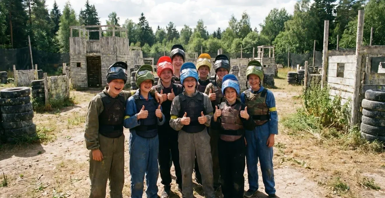 Groupe d'adolescents équipés de masques et combinaisons de paintball prêts à s'élancer sur un terrain thématique