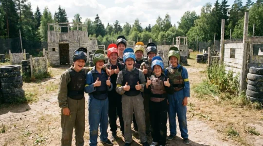 Groupe d'adolescents équipés de masques et combinaisons de paintball prêts à s'élancer sur un terrain thématique