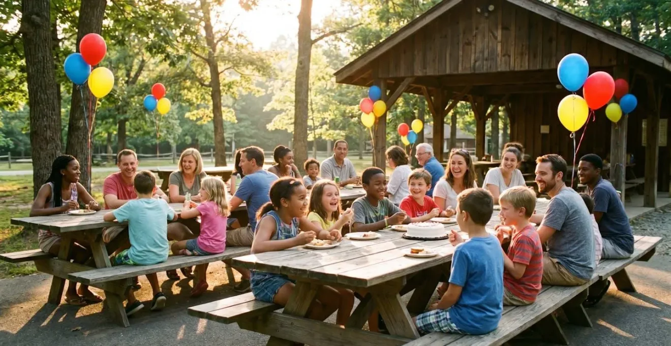 Groupe de parents et d'enfants attablés dans un espace club house en plein air, ambiance détendue après une session sportive, boissons et décoration d'anniversaire sur la table