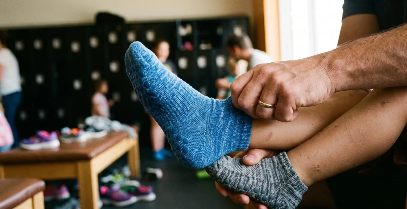 Un parent ajuste des chaussettes antidérapantes aux pieds de son enfant.