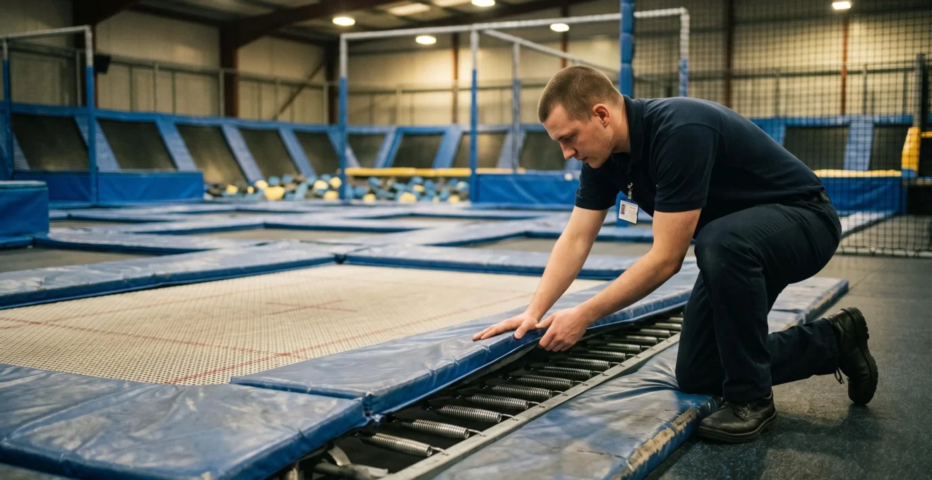 Un employé vérifie les mousses et ressorts au bord d'un trampoline.