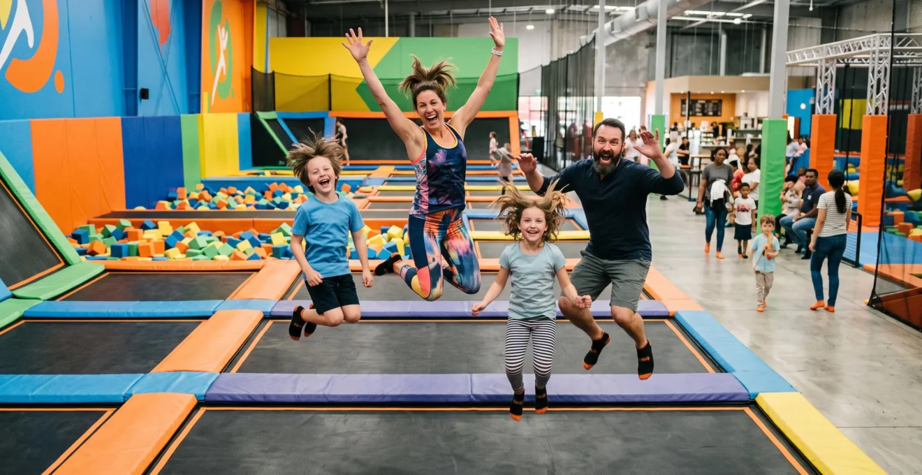 Une famille saute sur les trampolines d'un parc intérieur lumineux.