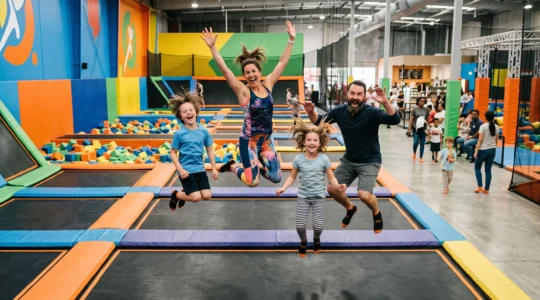 Une famille saute sur les trampolines d'un parc intérieur lumineux.